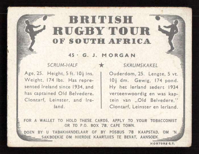United Tobacco 1938 British Rugby Tour Cigarette Card 45 G. J. Morgan