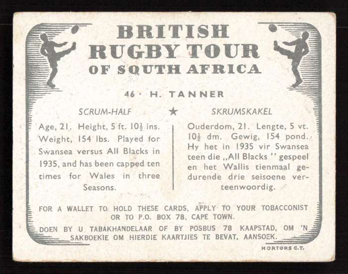 United Tobacco 1938 British Rugby Tour Cigarette Card 46 H. Tanner