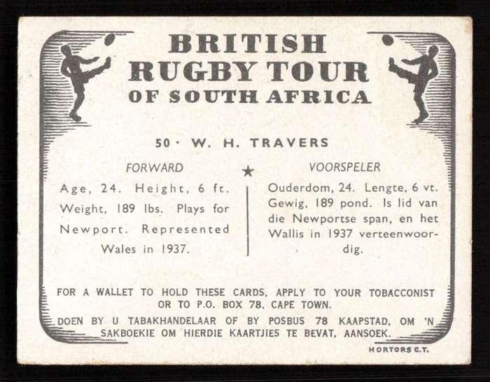 United Tobacco 1938 British Rugby Tour Cigarette Card 50 W. H Travers