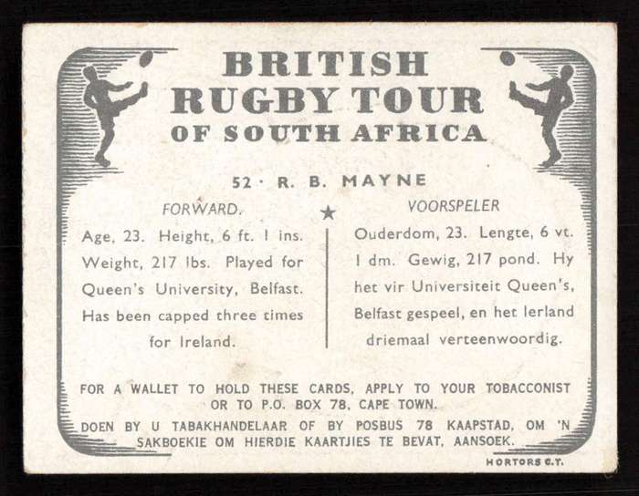 United Tobacco 1938 British Rugby Tour Cigarette Card 52 R. B. Mayne
