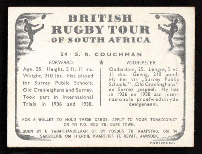 United Tobacco 1938 British Rugby Tour Cigarette Card 54 S. R. Couchman
