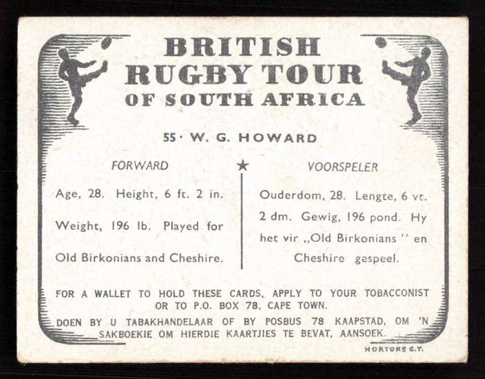 United Tobacco 1938 British Rugby Tour Cigarette Card 55 W. G. Howard