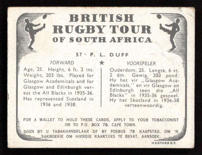 United Tobacco 1938 British Rugby Tour Cigarette Card 57 P. L. Duff