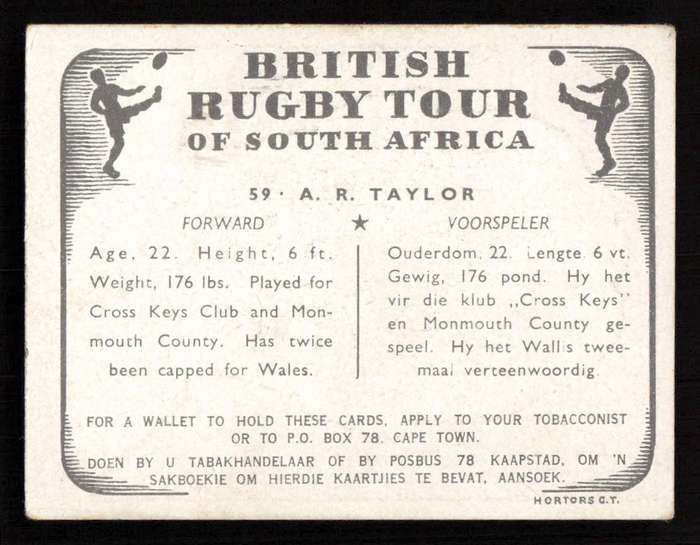 United Tobacco 1938 British Rugby Tour Cigarette Card 59 A. R. Taylor