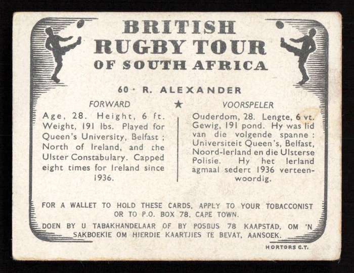 United Tobacco 1938 British Rugby Tour Cigarette Card 60 R. Alexander