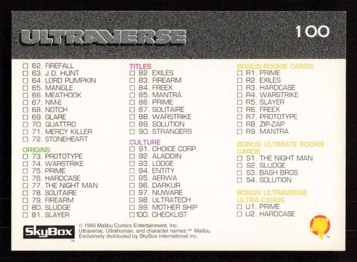 1993 SkyBox Ultraverse Checklist 100