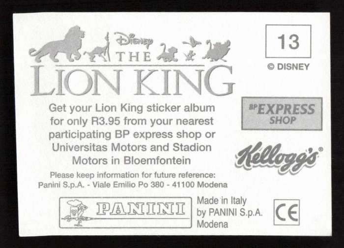 Panini Stickers Kellogg's Disney The Lion King 13