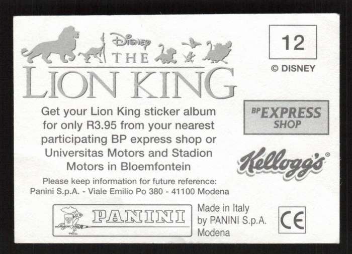 Panini Stickers Kellogg's Disney The Lion King 12
