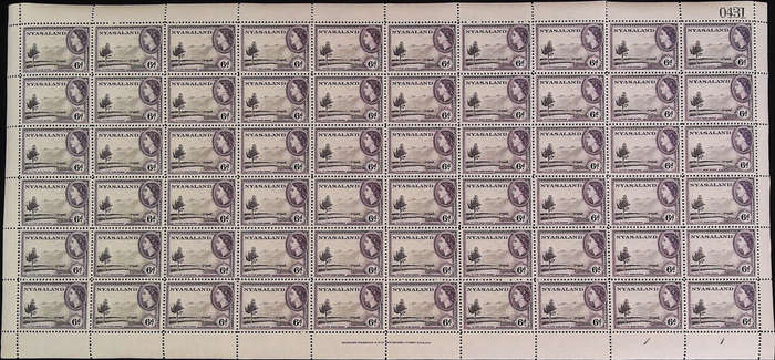 Nyasaland Protectorate 1953 - 54 QEII SG180 6d black and violet *Complete Sheet No 0430 - 0434 SET