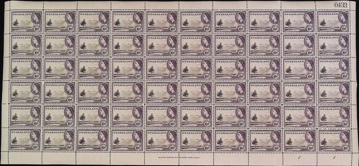 Nyasaland Protectorate 1953 - 54 QEII SG180 6d black and violet *Complete Sheet No 0430 - 0434 SET