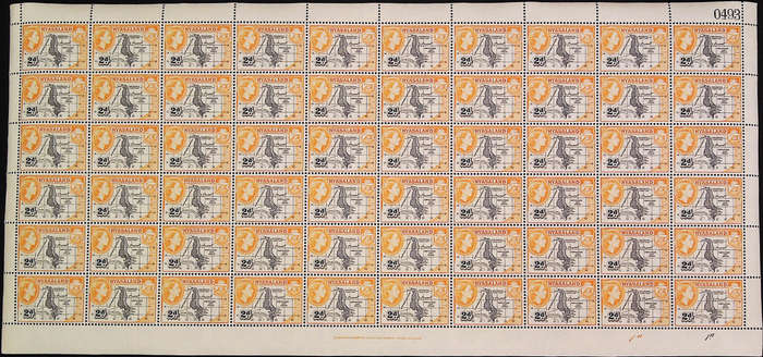 Nyasaland Protectorate 1953 - 54 QEII SG176 2d black and yellow-orange *Complete Sheet No 0493 -0497