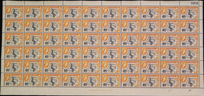 Nyasaland Protectorate 1953 - 54 QEII SG176 2d black and yellow-orange *Complete Sheet No 0493 -0497