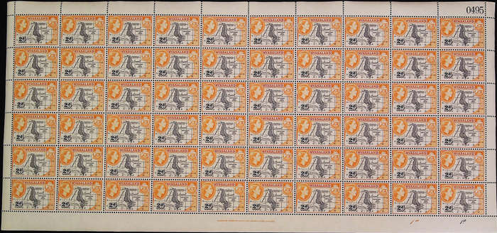 Nyasaland Protectorate 1953 - 54 QEII SG176 2d black and yellow-orange *Complete Sheet No 0493 -0497