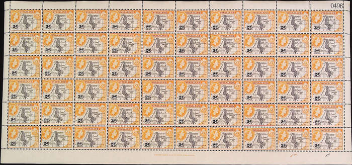 Nyasaland Protectorate 1953 - 54 QEII SG176 2d black and yellow-orange *Complete Sheet No 0493 -0497