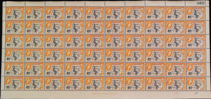 Nyasaland Protectorate 1953 - 54 QEII SG176 2d black and yellow-orange *Complete Sheet No 0493 -0497