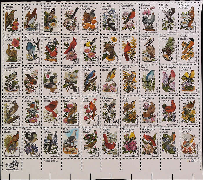 USA 1981 State Birds & Flowers 20c Complete Sheet of 50
