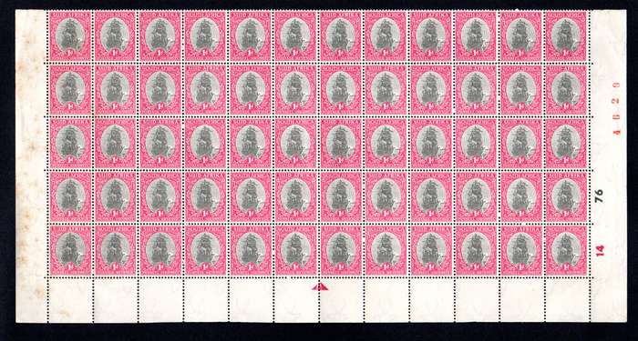 RSA 1950/09/01 Definitive Issue "Suid-Afrika" 1d  Cylinder No 14 76 Arrow block Wmk MSH *60 stamps