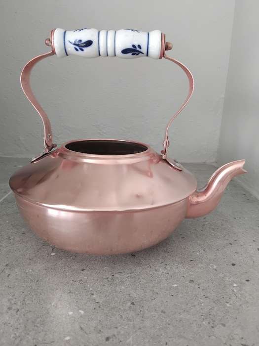 "Vintage" Copper Tea Pot with Porcelain Delft -y detail/Dutch handle - without lid.