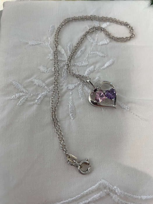 Heart pendant and chain 925 sterling silver featuring two amethyst/tourmaline coloured stones.