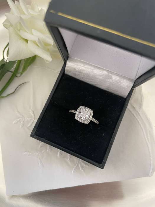 Sterling Silver 925 "Chete" design large claw cushion Halo ring CZ light pink color stone.