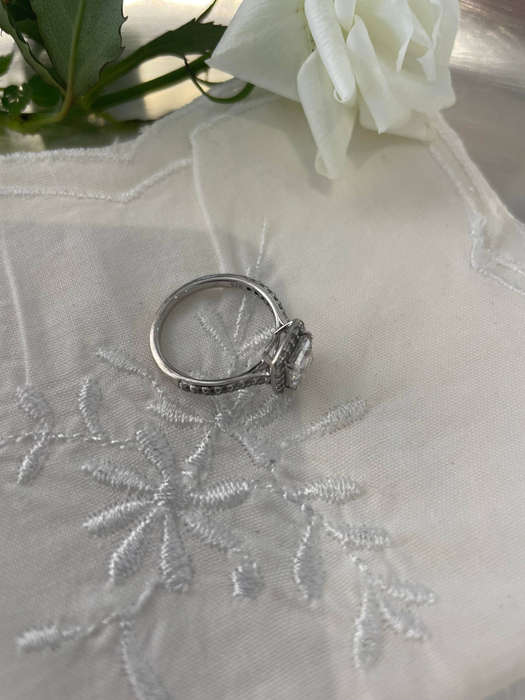 Sterling Silver 925 "Chete" design large claw cushion Halo ring CZ light pink color stone.
