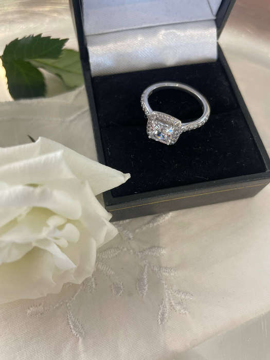 Sterling Silver 925 "Chete" design large claw cushion Halo ring CZ light pink color stone.
