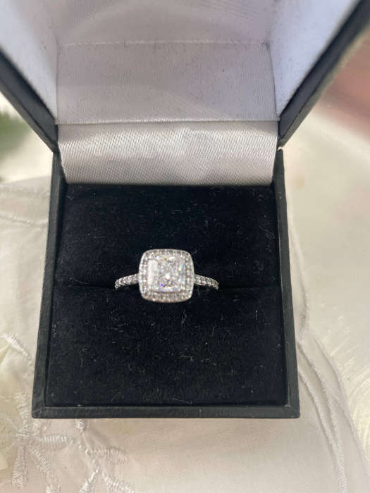Sterling Silver 925 "Chete" design large claw cushion Halo ring CZ light pink color stone.