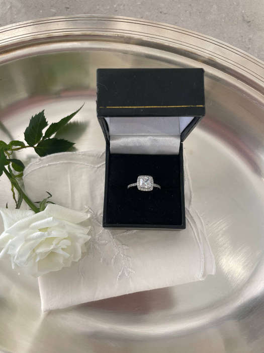 Sterling Silver 925 "Chete" design large claw cushion Halo ring CZ light pink color stone.