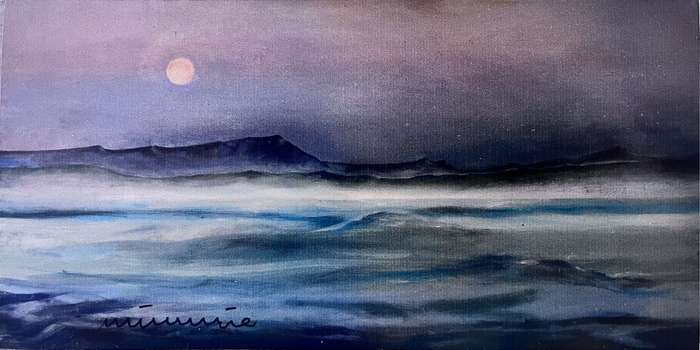 Full moon over the ocean at Franskraal print of painting by Mimmie Pienaar - fridge magnet (20x10cm)