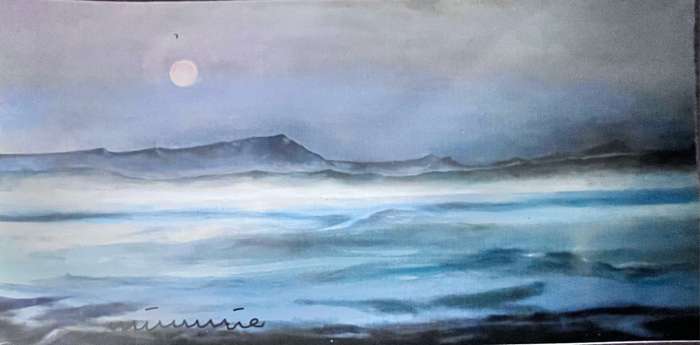 Full moon over the ocean at Franskraal print of painting by Mimmie Pienaar - fridge magnet (20x10cm)