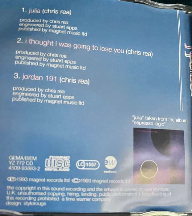 Chris Rea - Julia (CD single) - made in Germany YZ 772 CD and  4509-93883-2