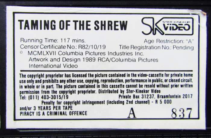 The Taming of The Shrew - Elizabeth Taylor - Movie VHS Tape (1989)