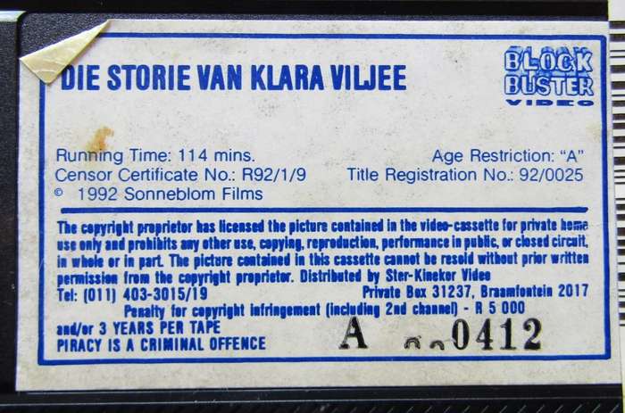 Die Storie van Klara Viljee - Movie VHS Tape (1992)
