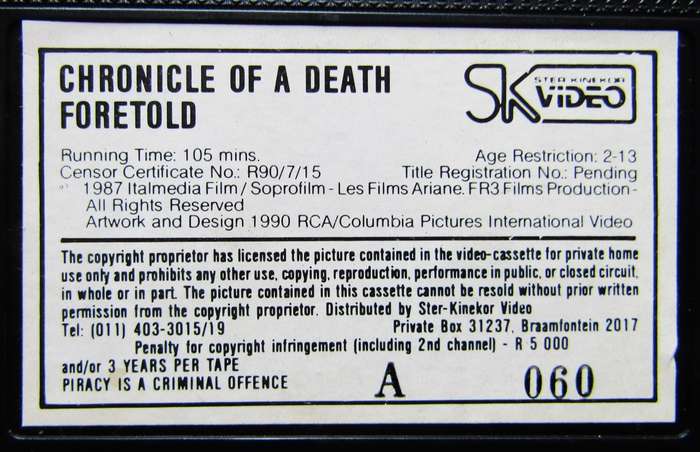 Chronicle of a Death Foretold - Movie VHS Tape (1990)