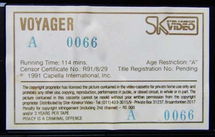 Voyager - Sam Shepard - Movie VHS Tape (1991)