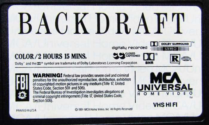 Backdraft - Kurt Russell - Movie VHS Tape (1991)
