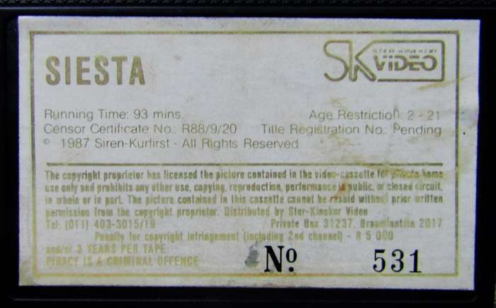 Siesta - Ellen Barkin - Movie VHS Tape (1987)