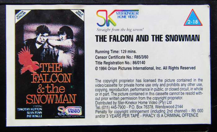 The Falcon and the Snowman - Sean Penn - Crime Movie VHS Tape (1994)