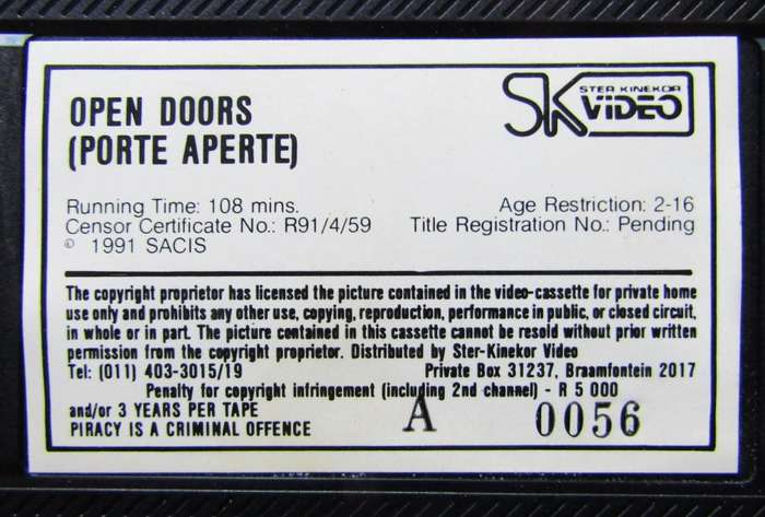 Open Doors - Movie VHS Tape (1991)