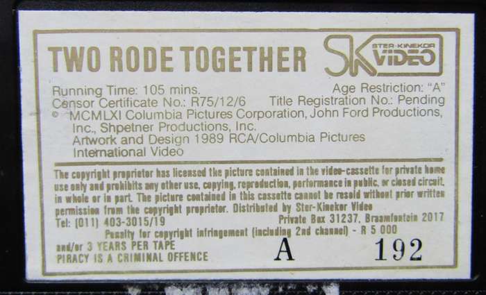 Two Rode Together - Western Movie VHS Tape (1989)