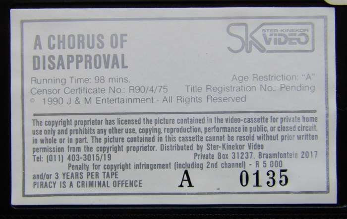 A Chorus of Disapproval - Jeremy Irons - Movie VHS Tape (1990)