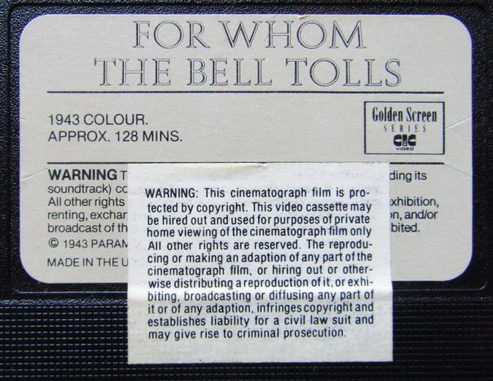 For Whom the Bell Tolls - War Movie VHS Tape