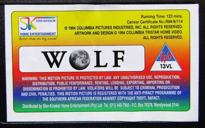 Wolf - Jack Nicholson - Horror Movie VHS Tape (1994)
