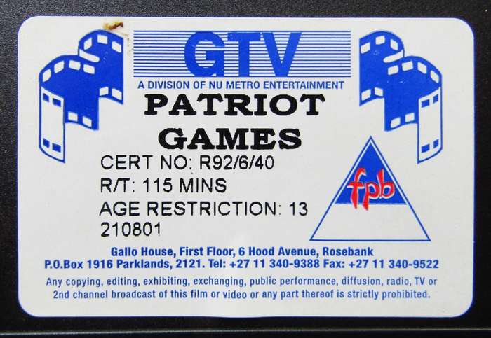 Patriot Games - Harrison Ford - Movie VHS Tape (1992)