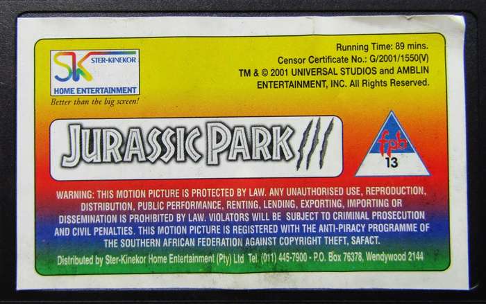 Jurassic Park III - Movie VHS Tape (2001)