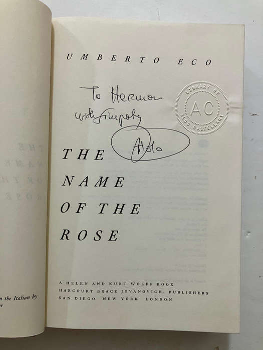 The Name of the Rose - Umberto Eco. Hardcover w dj. 1st US Ed. 1983