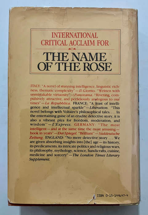 The Name of the Rose - Umberto Eco. Hardcover w dj. 1st US Ed. 1983