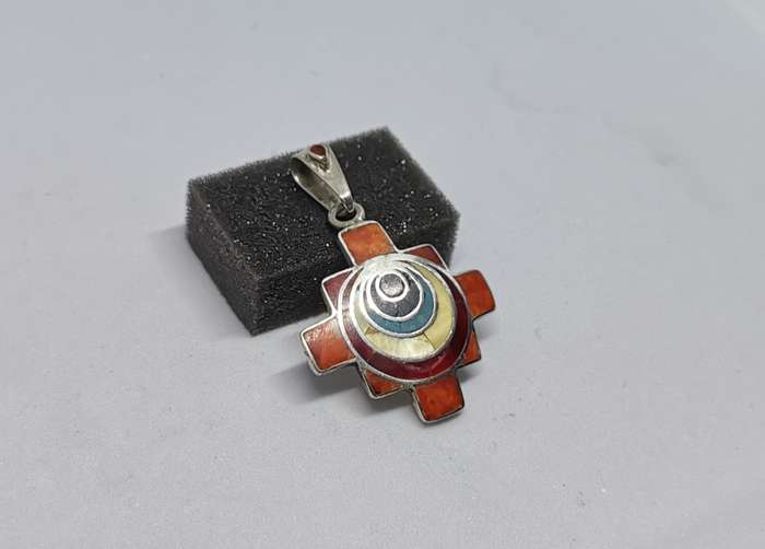 Chakana Cross with Stone Inlays Pendant