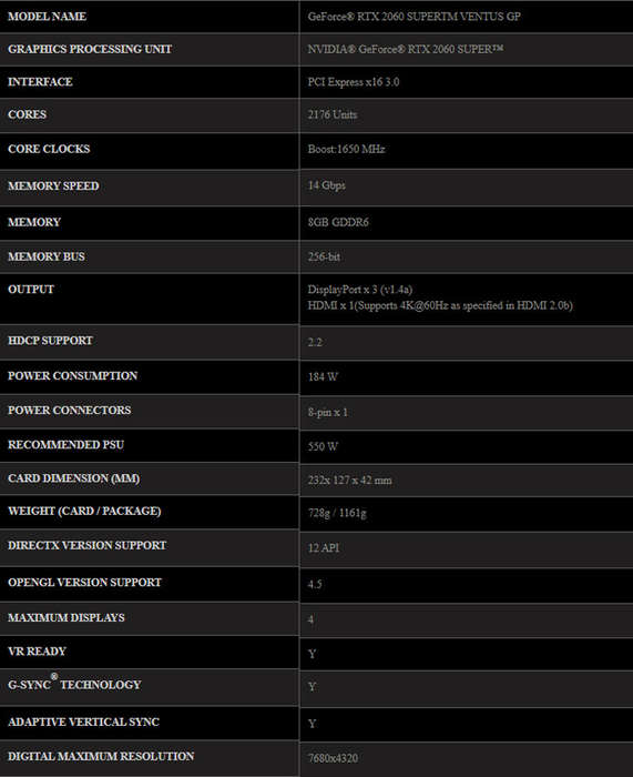 MSI GeForce RTX 2060 SUPER VENTUS GP 8GB GDDR6 Graphics Card