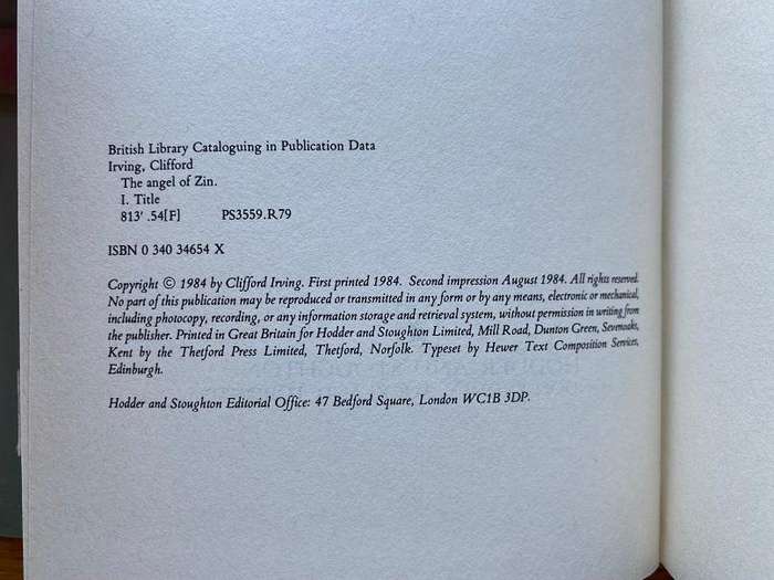 IRVING, Clifford - The Angel of Zin - (Hardcover in Jacket)